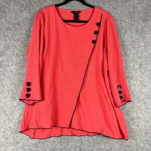 Ali Miles Tunic Top Womens 1X Coral Asymmetrical Crinkle Buttons Artsy Lagenlook
